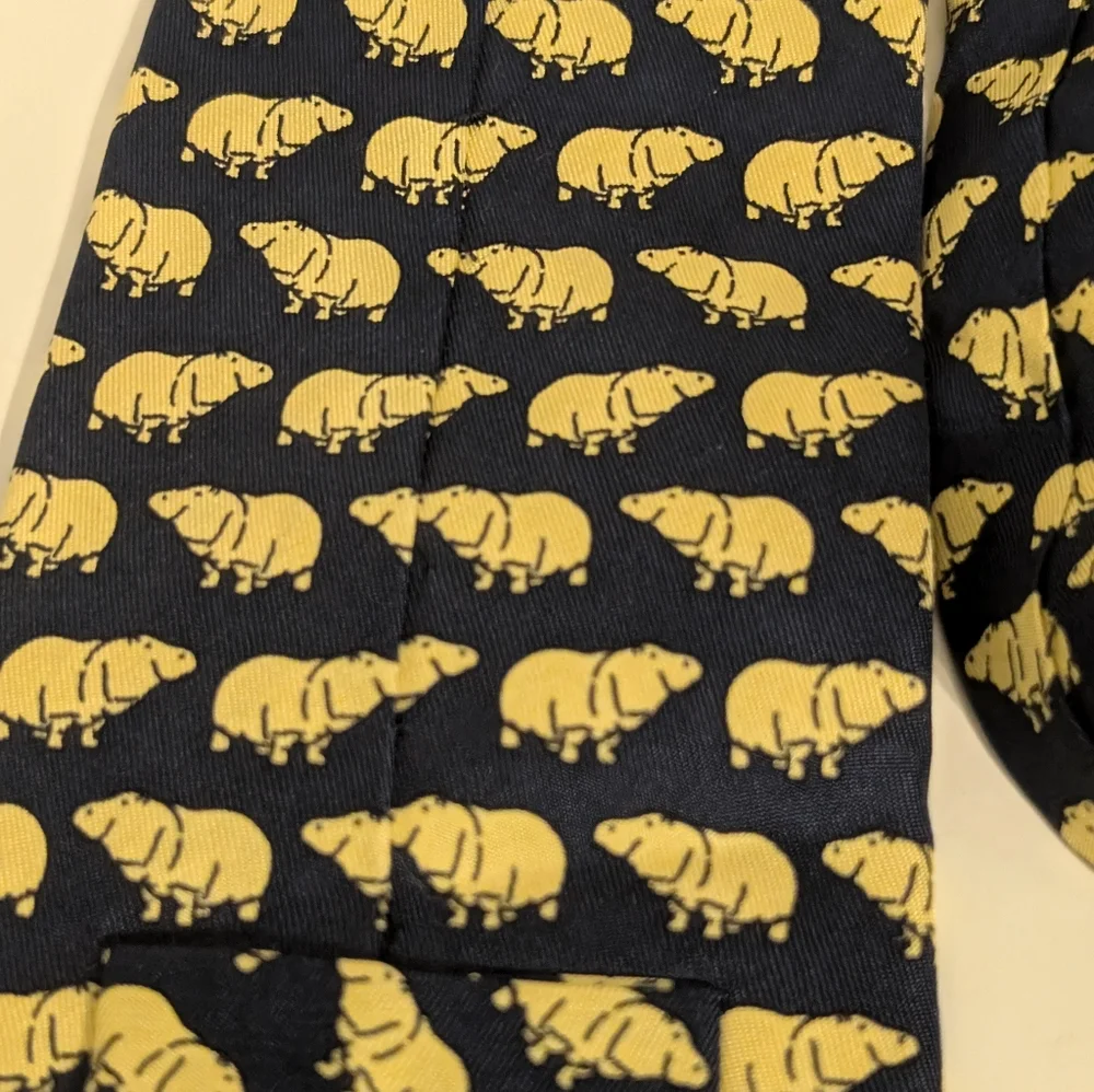 Edgar Pomeroy Navy‎ and Yellow 100% Silk Handmade in England Hippo Motif Tie